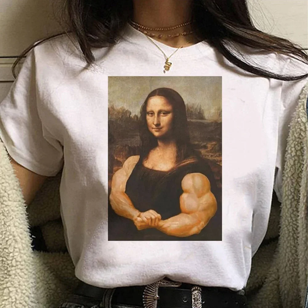 Engraçado Mona Lisa Imagem T-Shirt para Mulheres, Paródia Gráfica Camisetas, Streetwear Humoroso, Tops de Verão, Blusa Feminina, Roupas Kawaii, Y2k