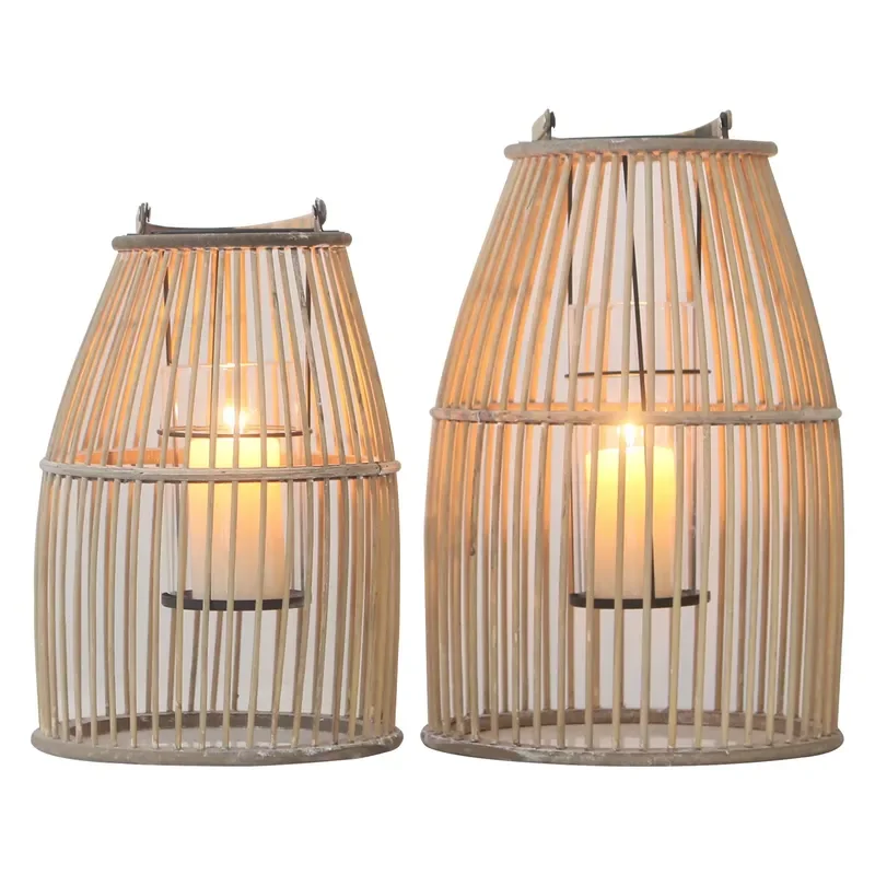 for  Rattan Weaving Storm Lantern Bamboo Candlestick with Handle Outdoor Indoor Wooden Lanterns  Home Decoration