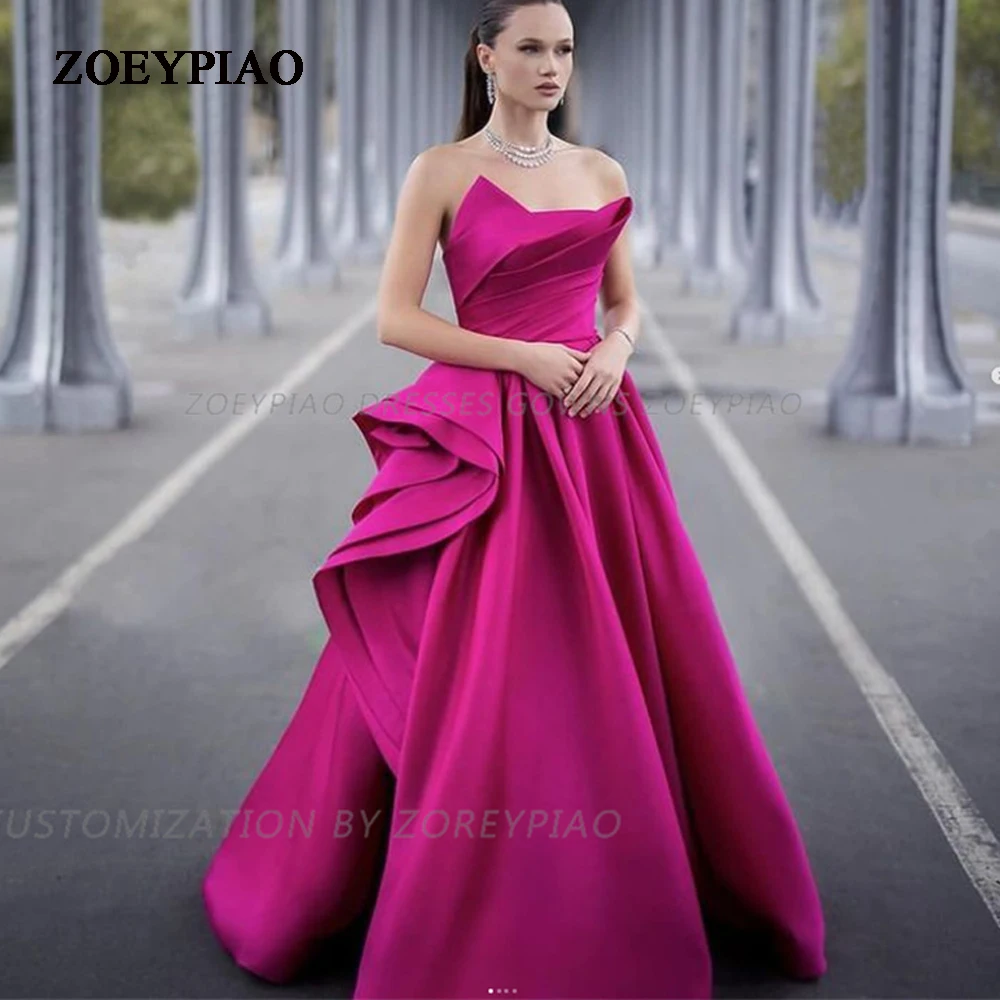 

Saudi Arabic Women Satin Fuschia Evening Dresses Strapless Floor Length Vintage Prom Gowns Sleeveless Vestido de fiesta 2024