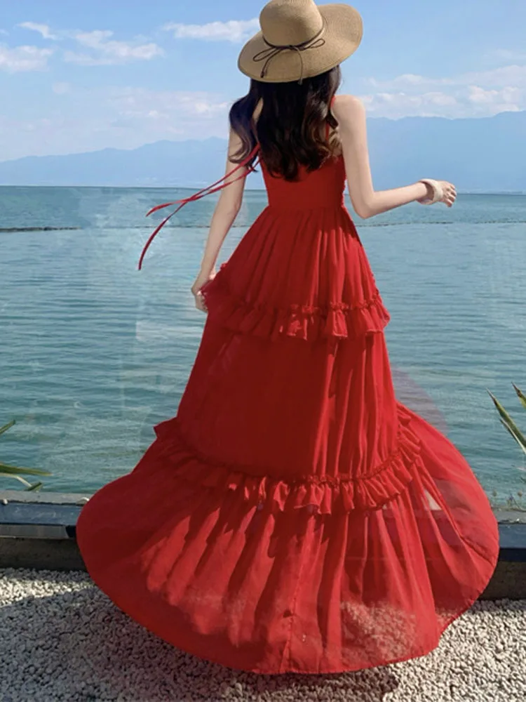 2023 frauen Sommer Sexy Backless Urlaub Strand Party Kleid Elegante Mode Ärmellose Boho Rot Rüschen Chiffon Lange Kleider Robe