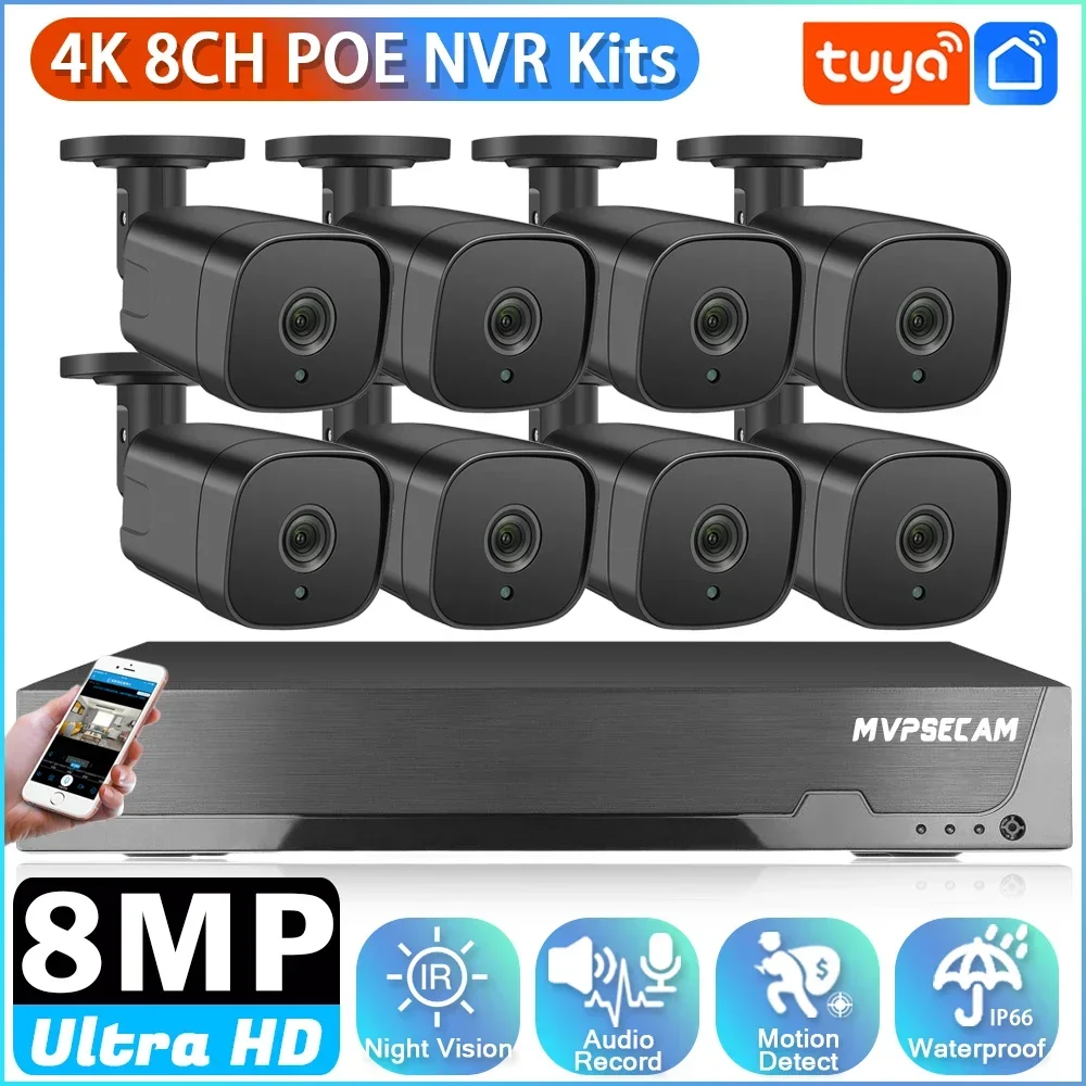 

Tuya Smart POE CCTV Surveillance System 8CH 8MP POE NVR Kit Outdoor 4K Ultra HD Video Security IP Cameras Kits Face Detection