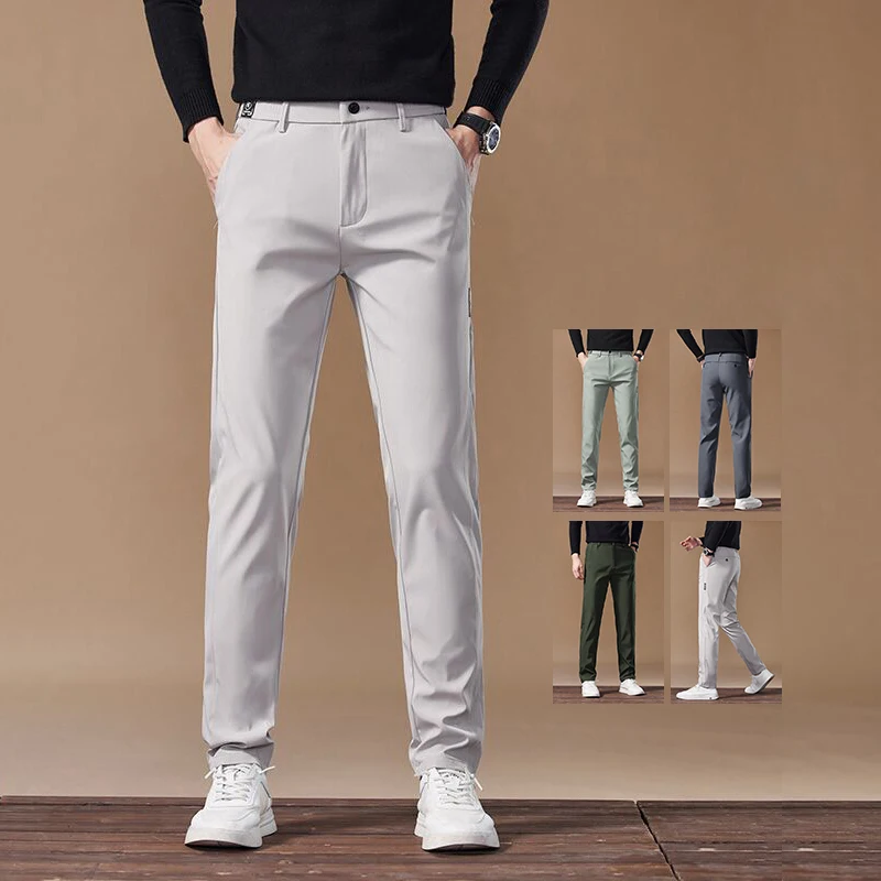 

Slim Men's Pants Fashion Solid Color Classic Stretch Straight Business Trousers Elastic Waist Comfort Male Brand Regular Pants