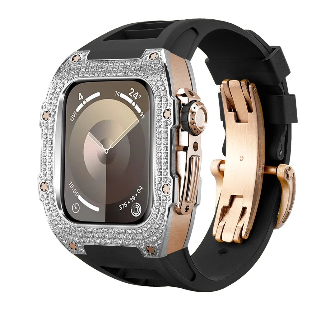 For Apple Watch Mod Kit 44/45mm Luxury Diamond Stainless Steel Inlaid Accessories Black Trend Apply toseries 9/8/7/6/5/4/Se