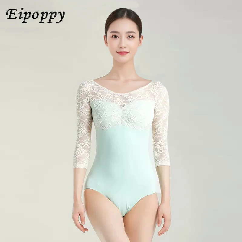 

Ballet Practice Clothes Women's Adult Dance Body Art Exam High-Cut Three-Quarter Sleeve Mesh One-Piece Gym Outfit