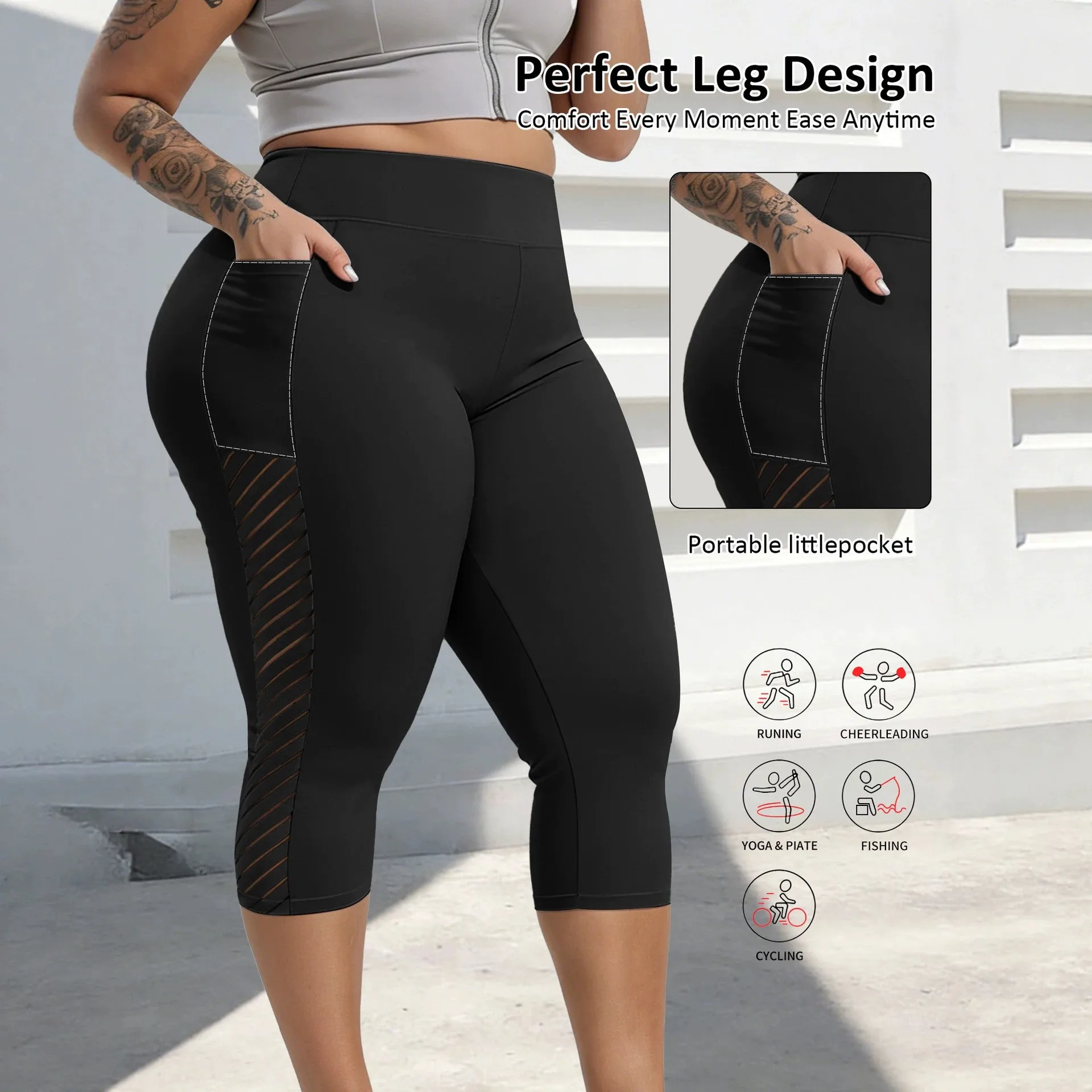 Black High Waist Leggings Capri Length Slim Fit Yoga Pants Mesh Panel Pocket Tights Seamless Waistband Tummy Control Workout