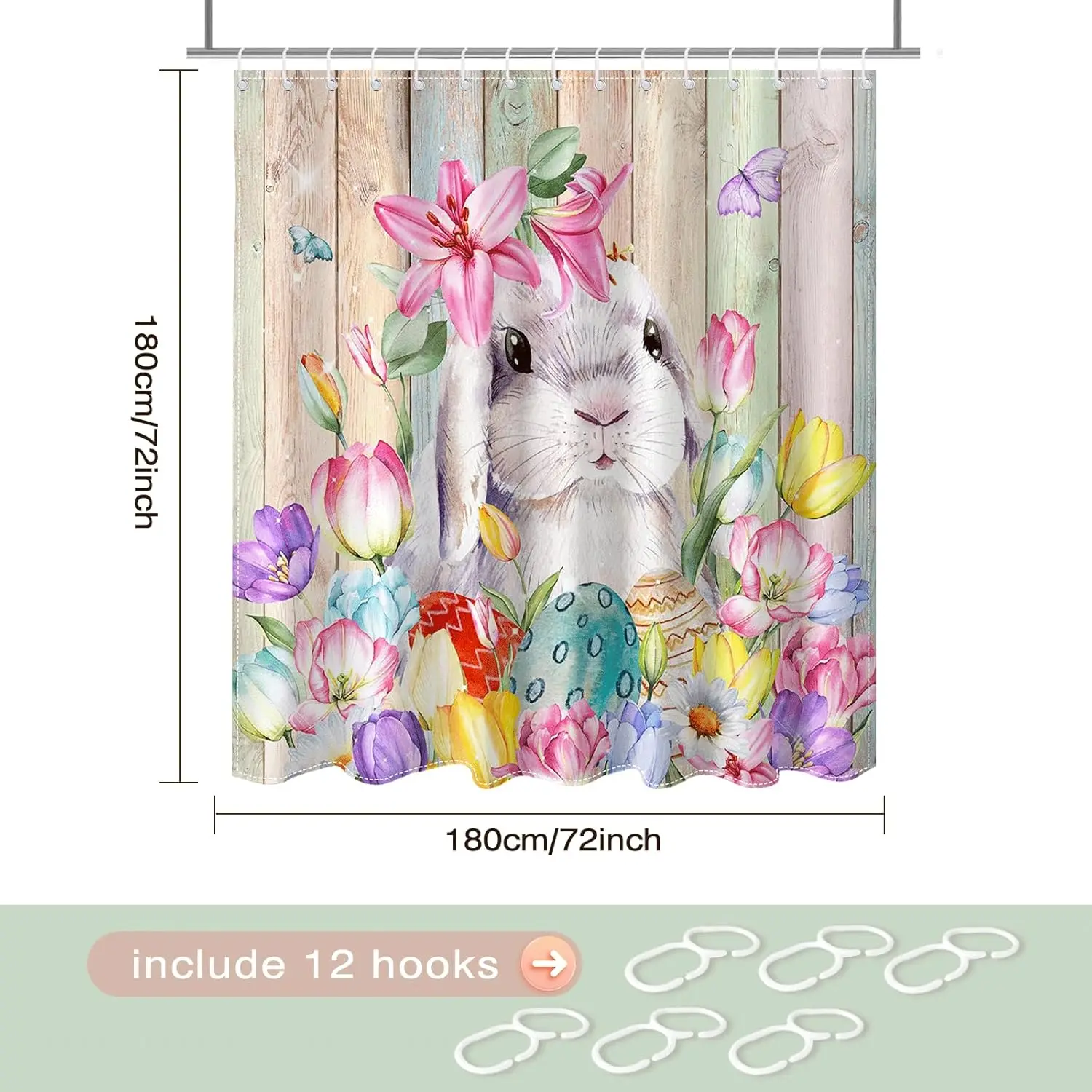 Easter Bunny Shower Curtain Spring Floral Egg Print for Kids Bathroom Decor