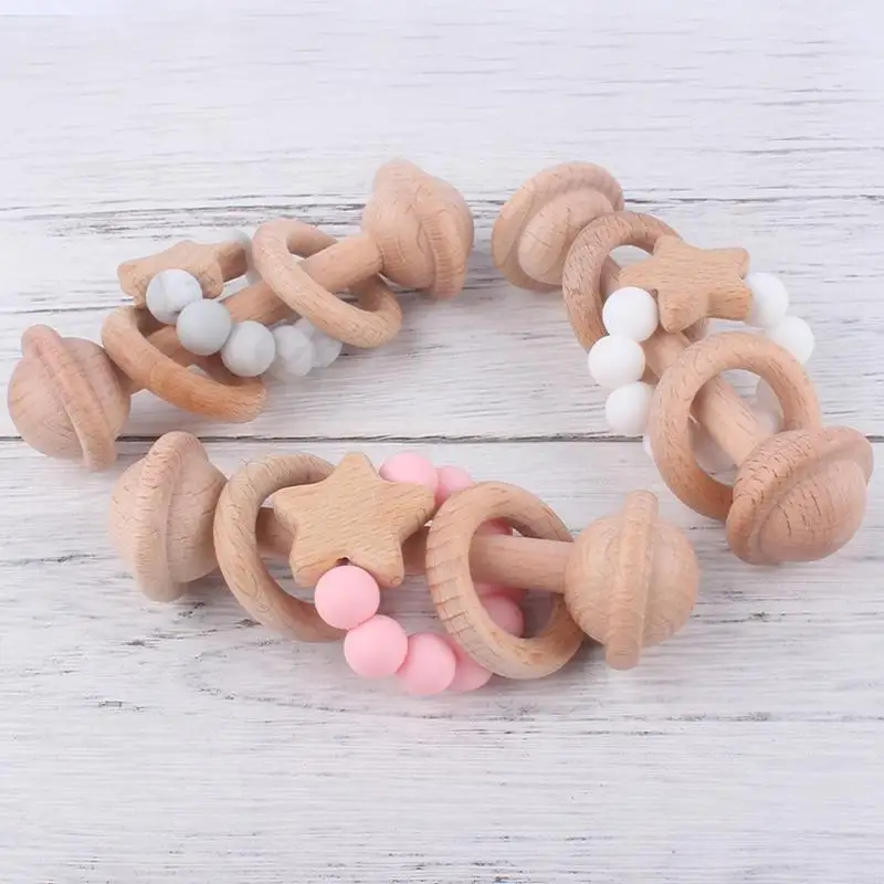 Q22d طفل خشبي حشرجة الموت هز لعبة سيليكون حبات teether حلقة استيعاب ألعاب التسنين للأطفال الصغار الصغار الفتيان