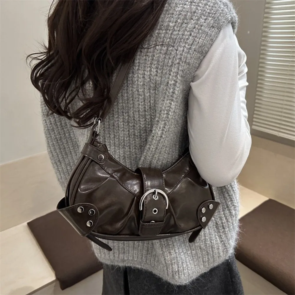 Casual Solid Color Buckle Underarm Bag Hobo Bag Pu Leather Y2k Shoulder Bag Crossbody Bag Gothic Spicy Girl Handbag Shopping