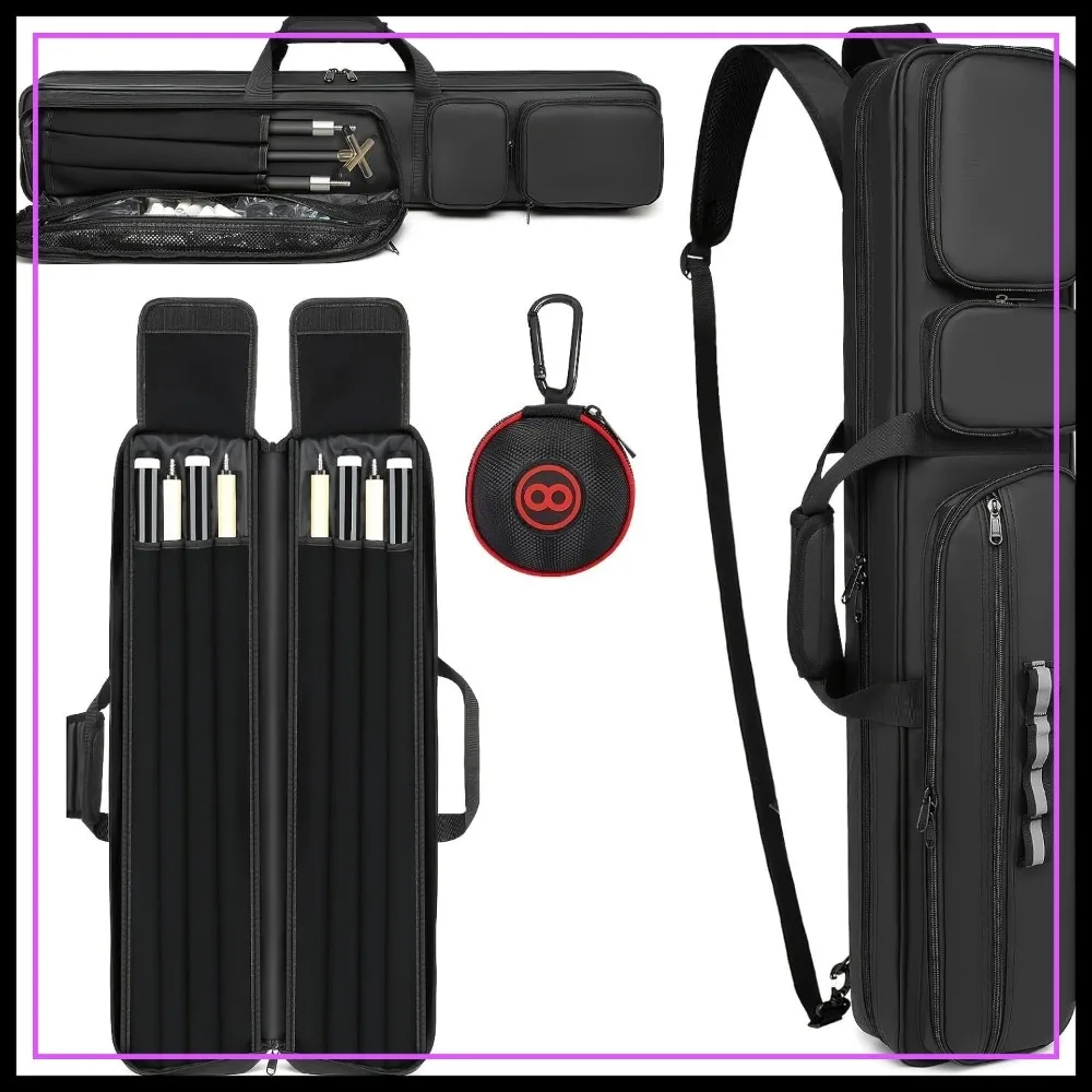 

4x4 Pool Cue Case, Hidden Backpack-Strap, Holds 4 Butts & 4 Shafts, Large Front Pockets & Cue Ball Case