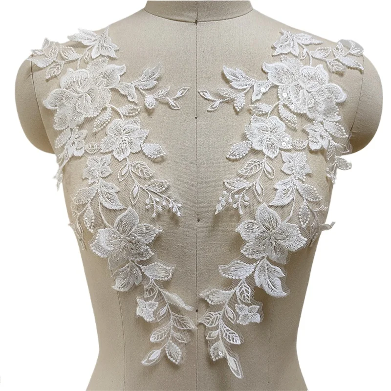 2 paia e 5 paia. Off White Beaded ricamo 3D pizzo specchio fiori foglia di alta qualità fatto a mano fai da te velo da sposa Patch Applique