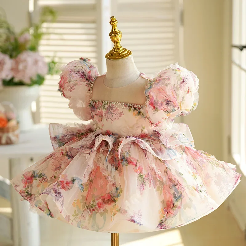 Custom Flower Girl Dress Wedding Gown Birthday Party Pageant Puff Sleeve Floral Print Tulle Baby Dress With Bow فساتين بنات