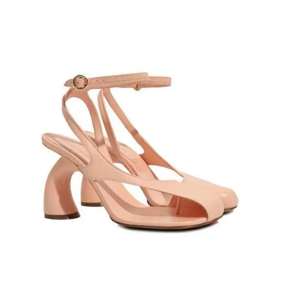Leather Peep Toe Unique Curved Block Heel Sandals Women Ankle Strap Buckle Slingback Pumps Summer Casual Party Dress Shoes