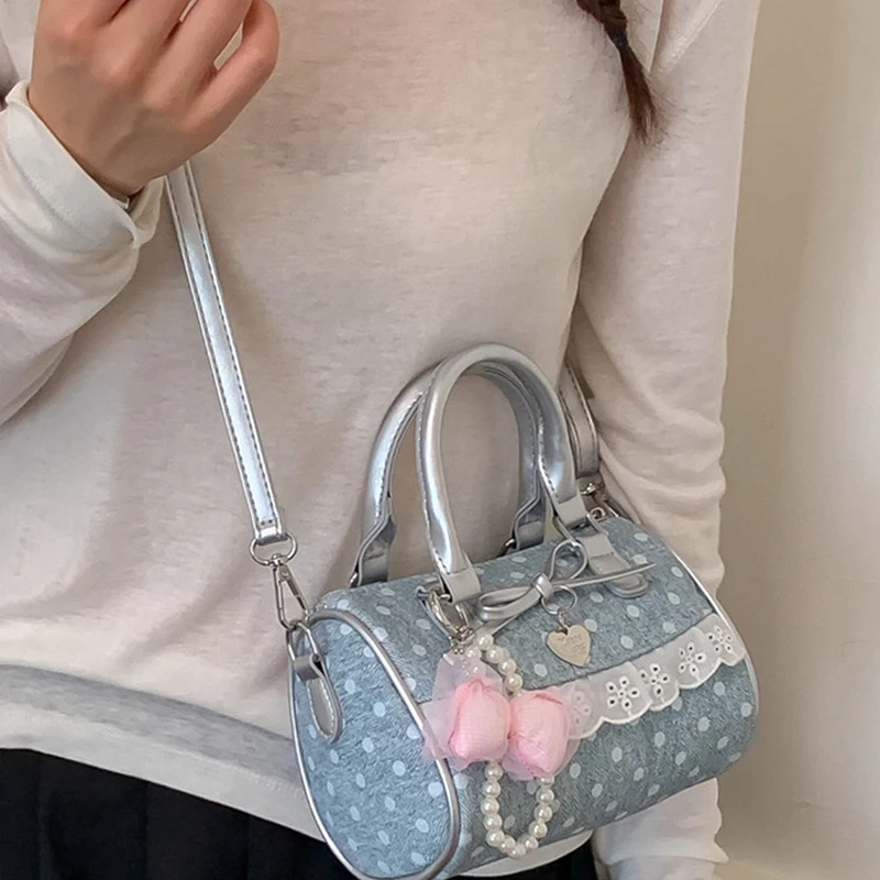 Koreanische Polka Dot Bowknot Patchwork Hobo Umhängetasche, Damenhandtasche, vielseitige, leichte, kleine quadratische Tragetasche für den Arbeitsweg – Detail 15