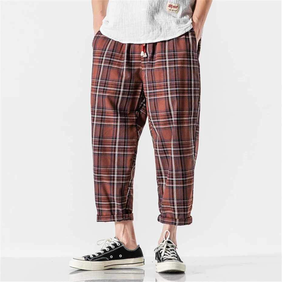 Harajuku Harem Pants Men Hip Hop Streetwear Plaid Pants Male Fashion Casual Loose Ankle-length Pants Elastic Waist