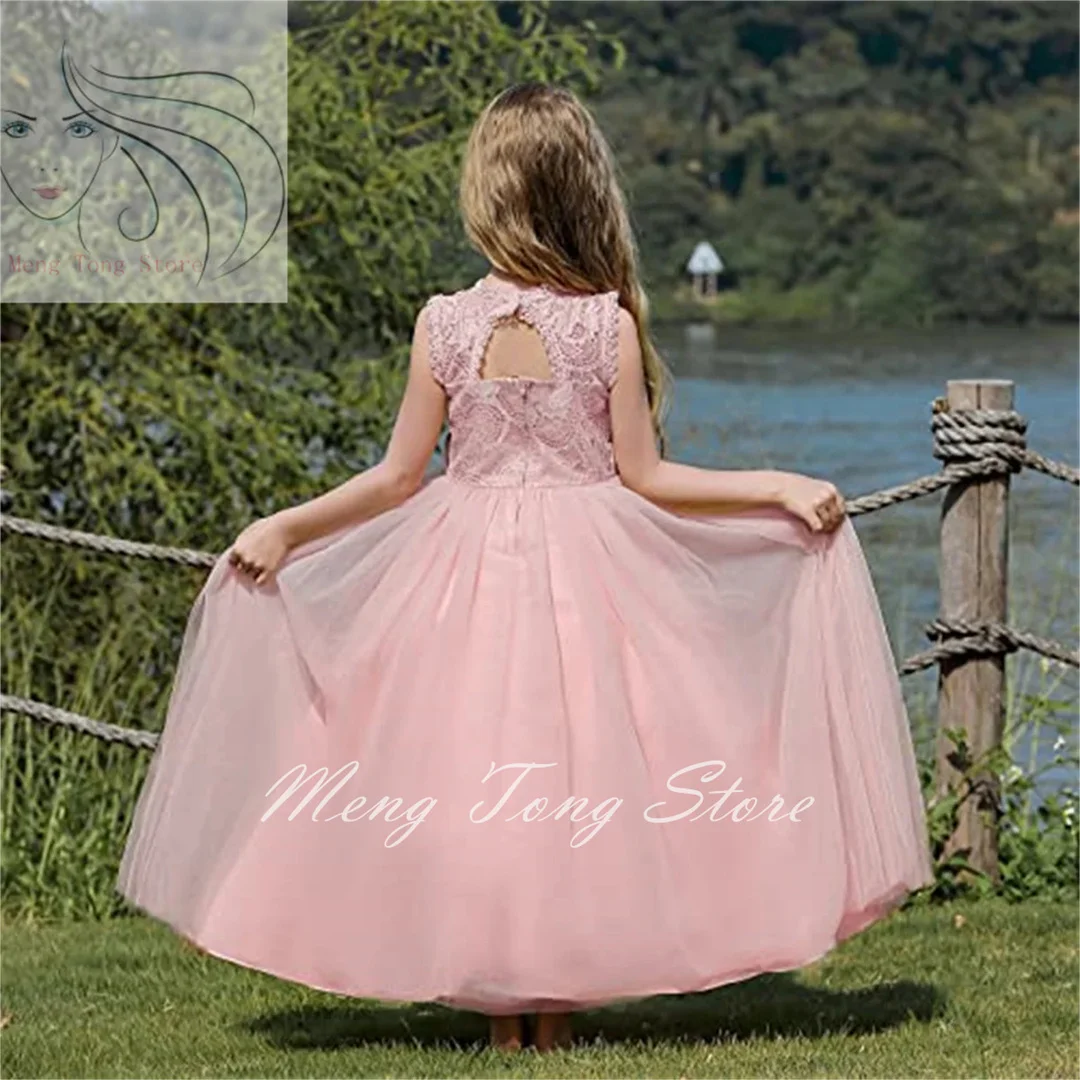 Rosa Tüll flauschige Blumen mädchen Kleid Spitze ärmellose Applikation für Hochzeit Kinder Prinzessin Geburtstags feier Erstkommunion Ballkleider