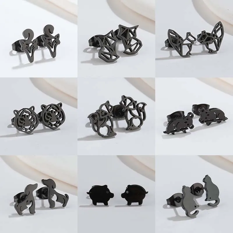 Cartoon Stainless Steel Fox Squirrel Earring Women Cute Pig Dog Piercing Jewelry Girls Student Mini Animal Earrings Accessories