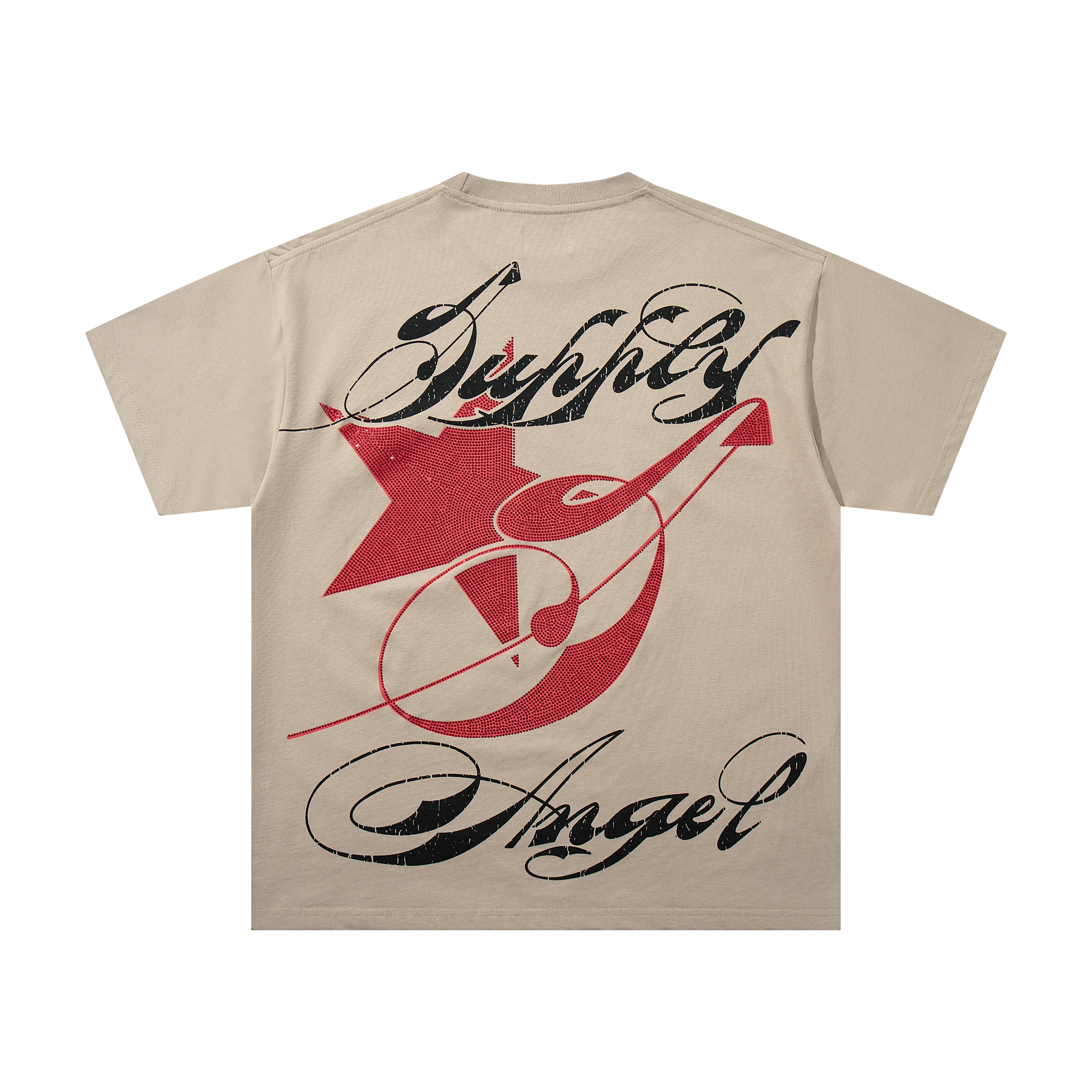 New Fashion Cupid Arrow Rhinestone Washed Short Sleeve Tshirts for Men and Women Crew Neck Loose Cotton Top Tees Oversized