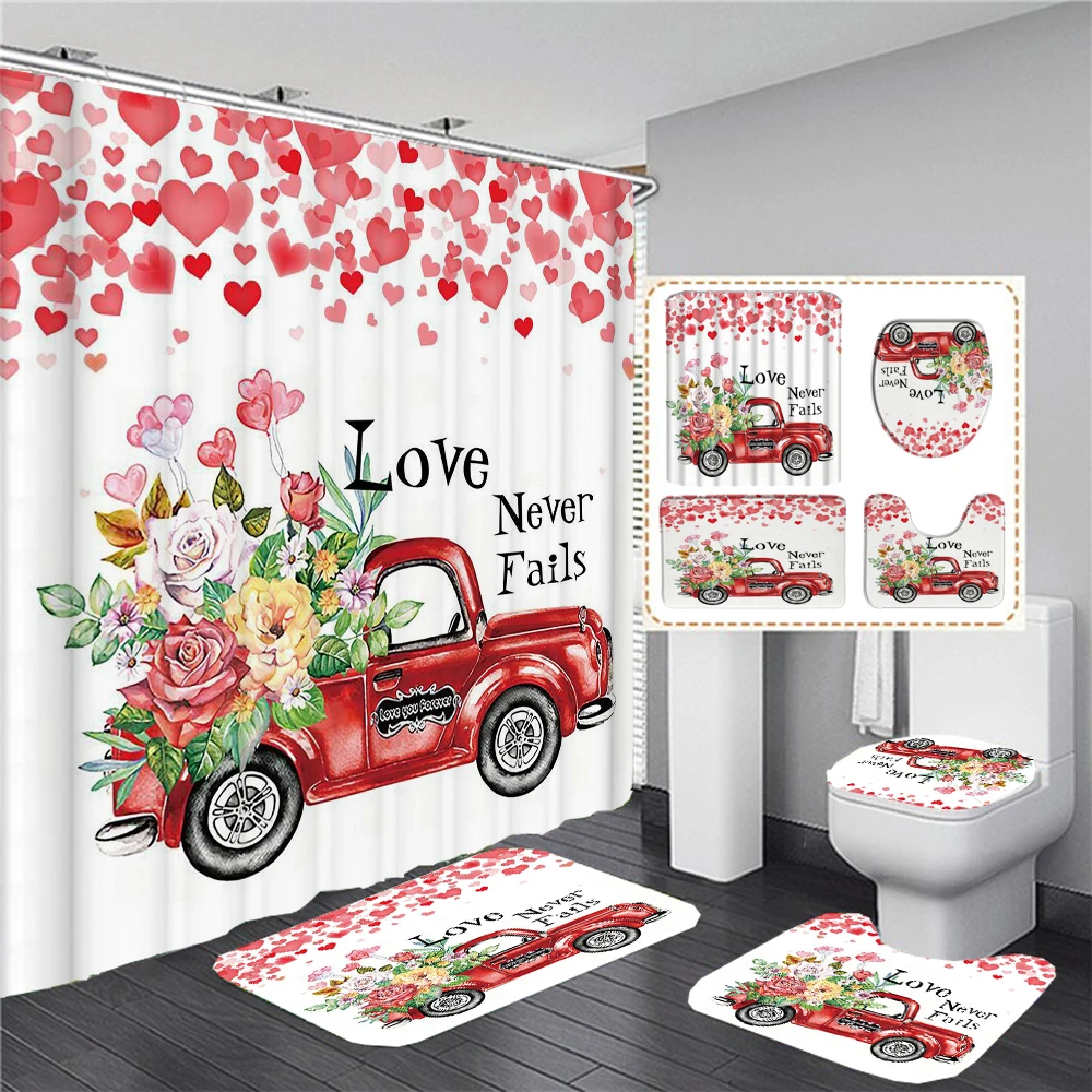 Love Romantic Red Rose Shower Curtain Set Toilet Lid Cover and Bath Mat Valentine\'s Day Bathroom Curtains with Hooks Home Decor