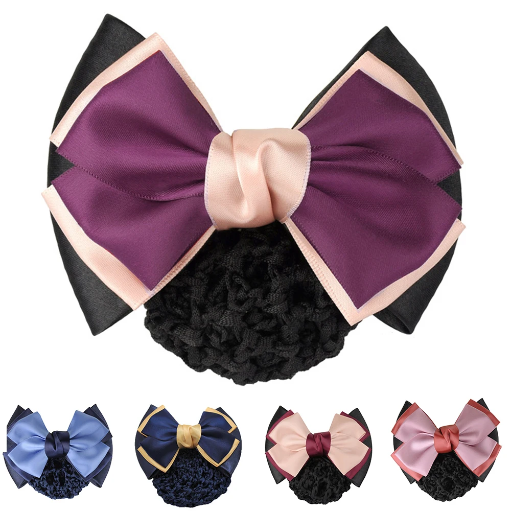 Satin Bow Barrette Three Bowknot Snood Hairnet Cover Ladies Flight Attendant Hotel Nurse Hair Clip Women Hair Accessories