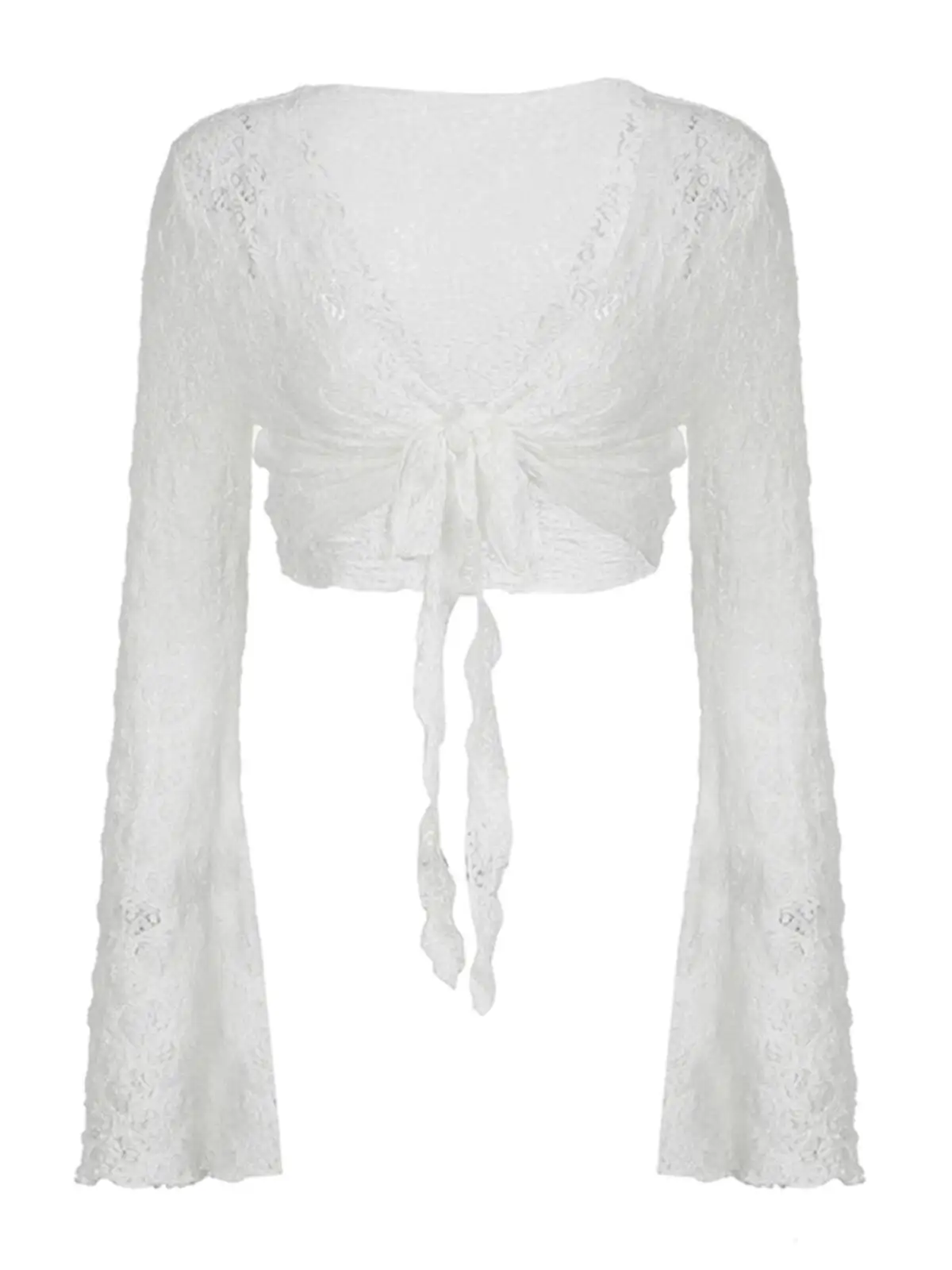 Women Crop Top 2025 Women's Elegant Versatile Jacket White Flared Long Sleeve Tie Waist Lightweight Layering Sun Protection Top