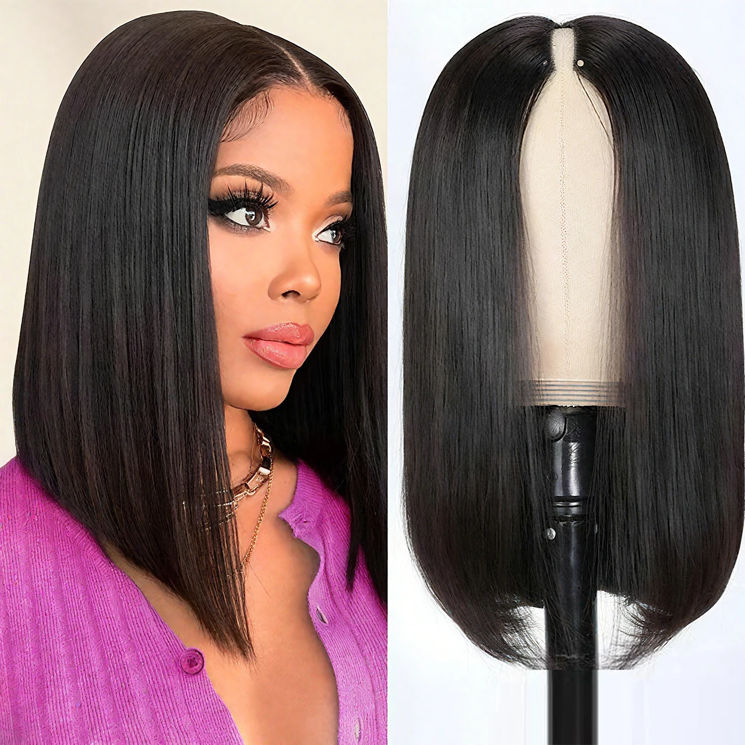 

Парик из натуральных волос V-образной формы, прямой боб, 14 дюймов, U-образные парики для женщин, плотность 180%, без необходимости оставлять свои волосы, натуральный цвет, для начинающих.