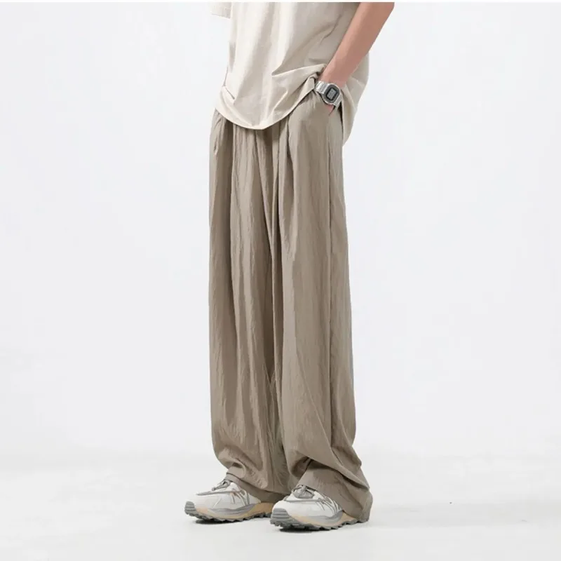 Thin Cooling Ice Silk Casual Pants Man Summer Cool Loose Wide Baggy Straight Trousers For Men Xxxl Regular Fit Luxury Vintage