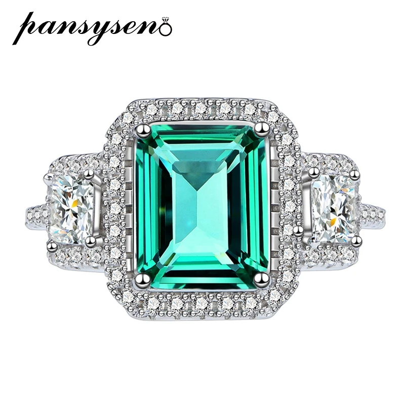 

PANSYSEN 100% 925 Sterling Silver Emerald Aquamarine Gemstone Cocktail Party Rings for Women 18K White Gold Plated Fine Jewelry