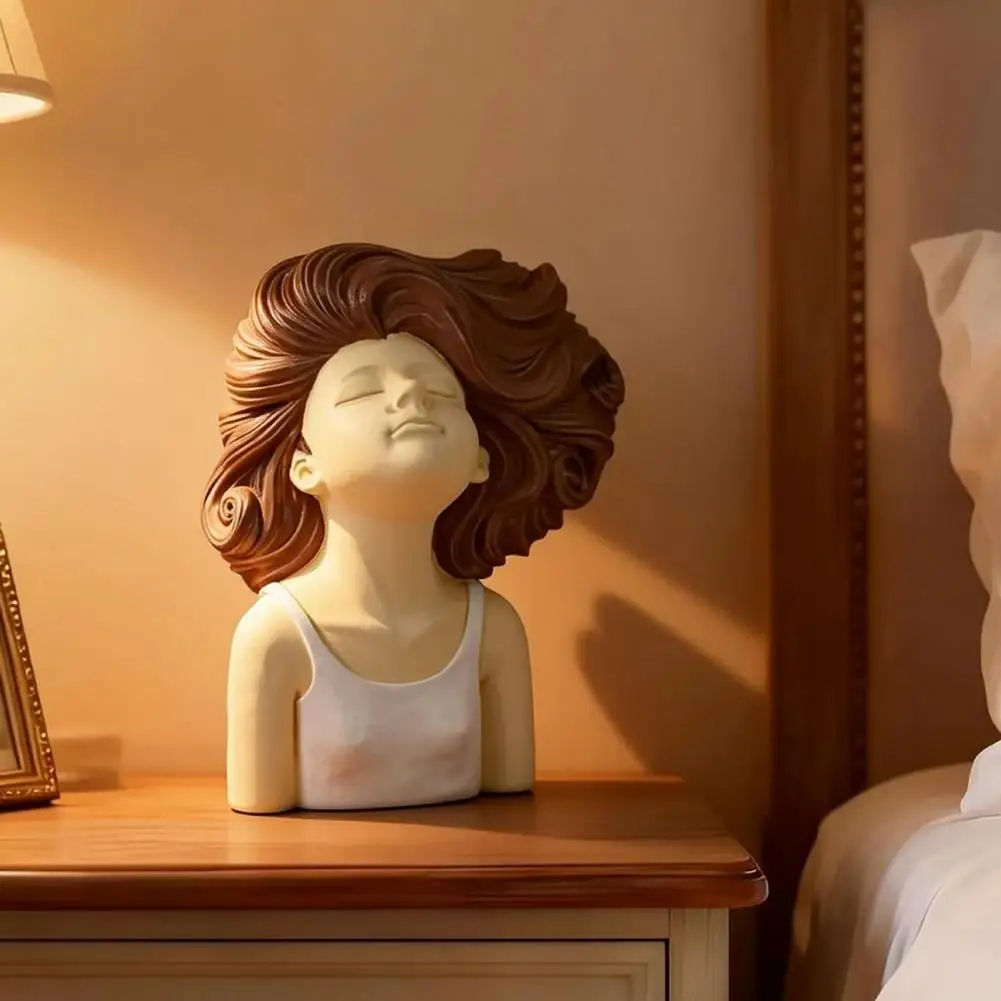 Home Decor Figurine Brown Curly Hair Girl Figurine Resin Sculpture Decorative Head Bust for Bedroom Room Home Office Desk Shelf