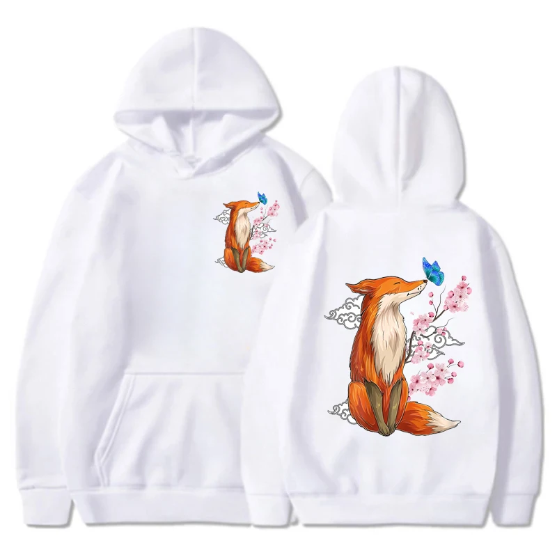 Casual Women\'s Hoodies Cherry Blossom Print Women Hoodie Stylish Hooded Sweatshirt Long Sleeve Top Japanese Fox Pink Hoodie Tops