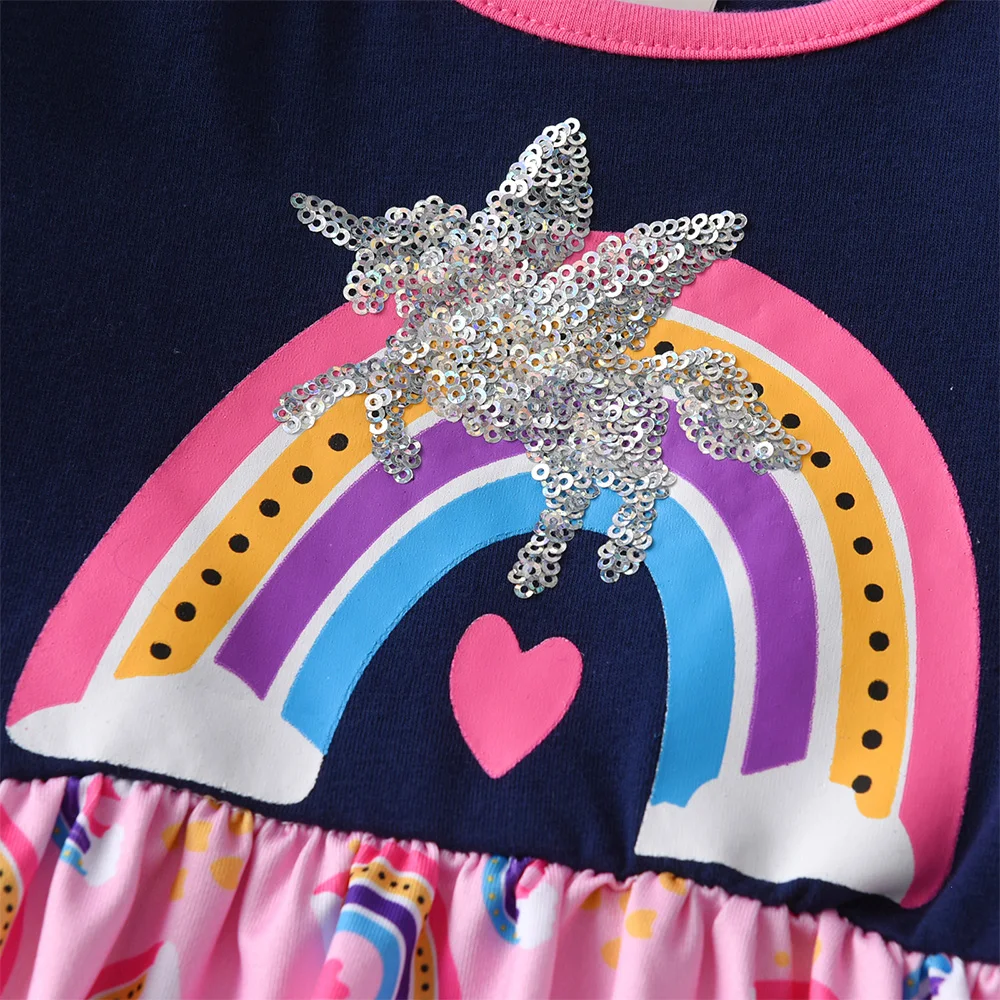 DXTON Girls Rainbow Unicorn Print Dress Kids Long Sleeve Autumn Spring Casual Daily Dresses Girls Patchwork Vestidos 3-12 Years
