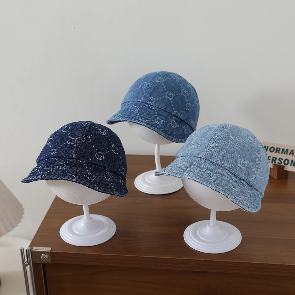 Retro water-washed denim children's baseball cap with full pattern of small bear diamond jacquard soft brim fisherman hat view 4