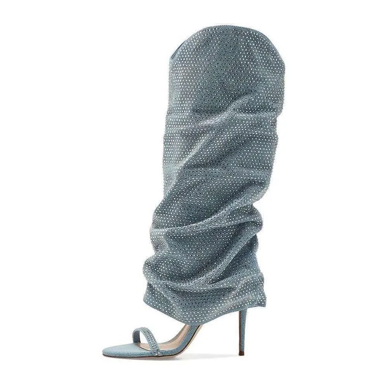 Women Knee High Sandal Boots Rhinestone Mesh Square Toe Stiletto High Heels Sexy Nightclub Party Long Boots Crystal Women Shoes