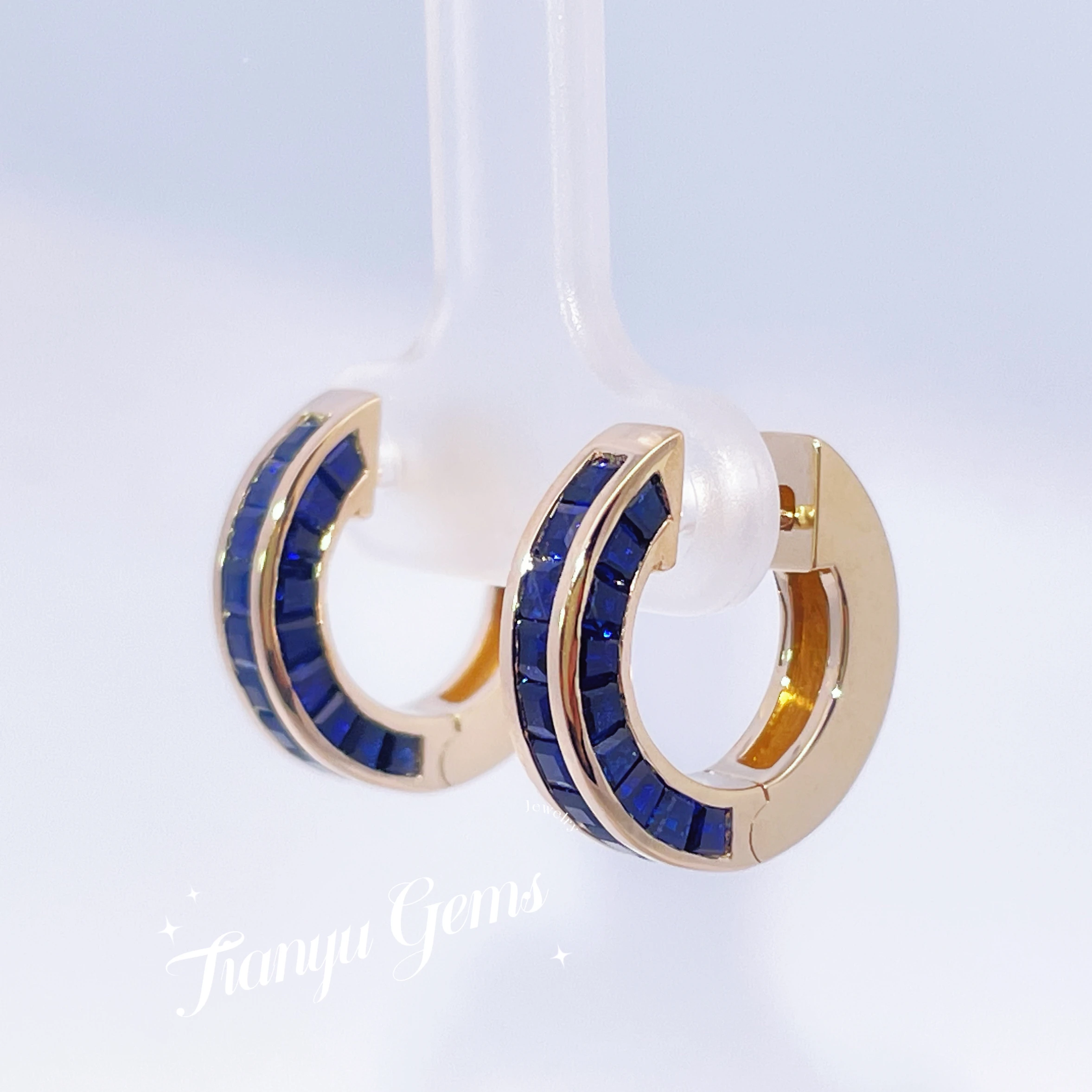 Tianyu Gems 14k Lab Sapphire Yellow Gold Hoop Earrings for Women Solid Real Au585 Custom Princess Blue Gemstone Wedding Earring