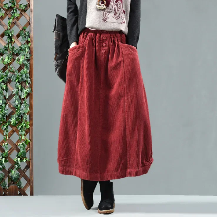 

Autumn Winter Skirts Women Retro Solid Color Corduroy Loose Patchwork Pockets Female Wild Skirt JJ903