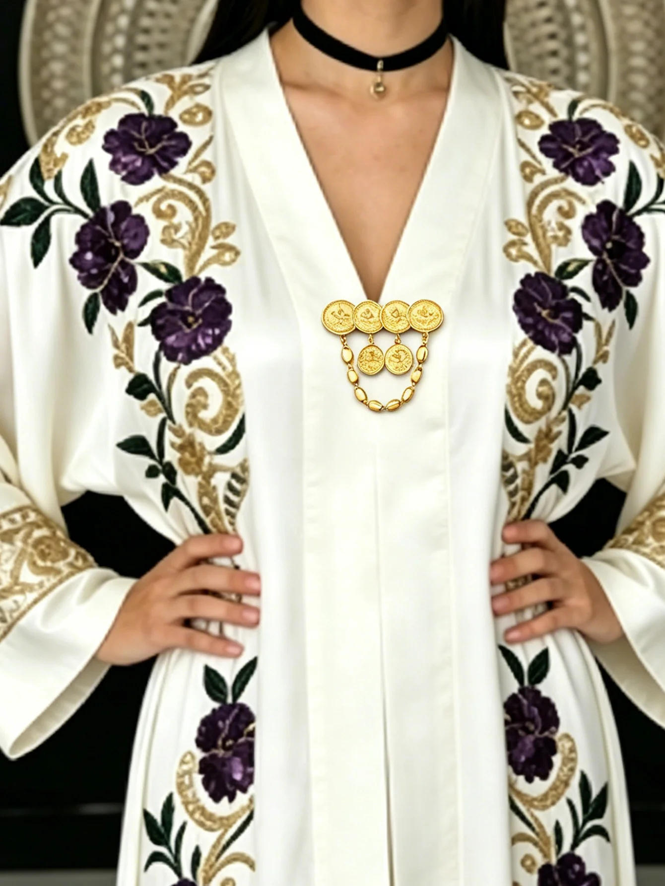 Ethnic Gold Coin Brooch with Bead Chain, Vintage Engraved Medal Pin for Abaya Caftan Dress