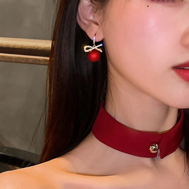 Christmas Red Zircon Crystal Bow Stud Earrings For Women Heart Shape Bowknot Christmas Earring Girl New Year Festival Jewelry