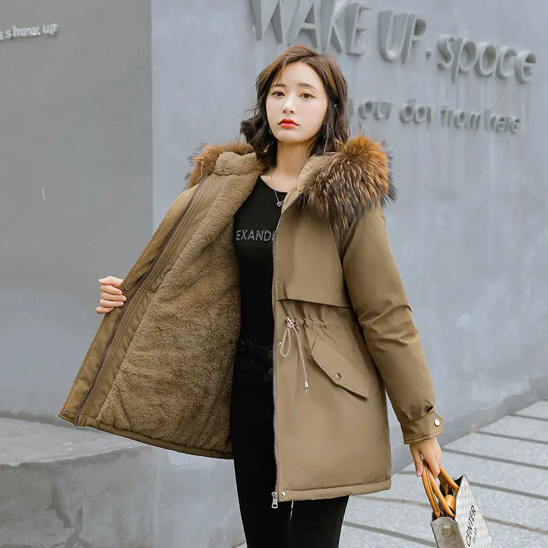 

2023 New Women Cotton Coat Winter Jacket Female Mid Length Version Parkas Thick Loose Outwear Artificial fur collar Overcoat