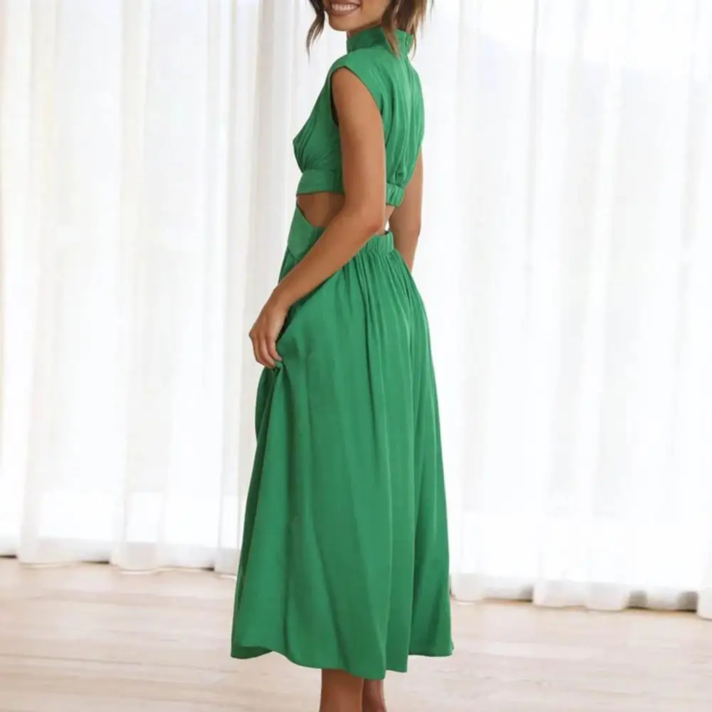 Women Green Hollow Out Maxi Dress Solid Fashion Sleeveless Backless Female Dresses Elegant Casual Ruched Long Dress Summer 2023