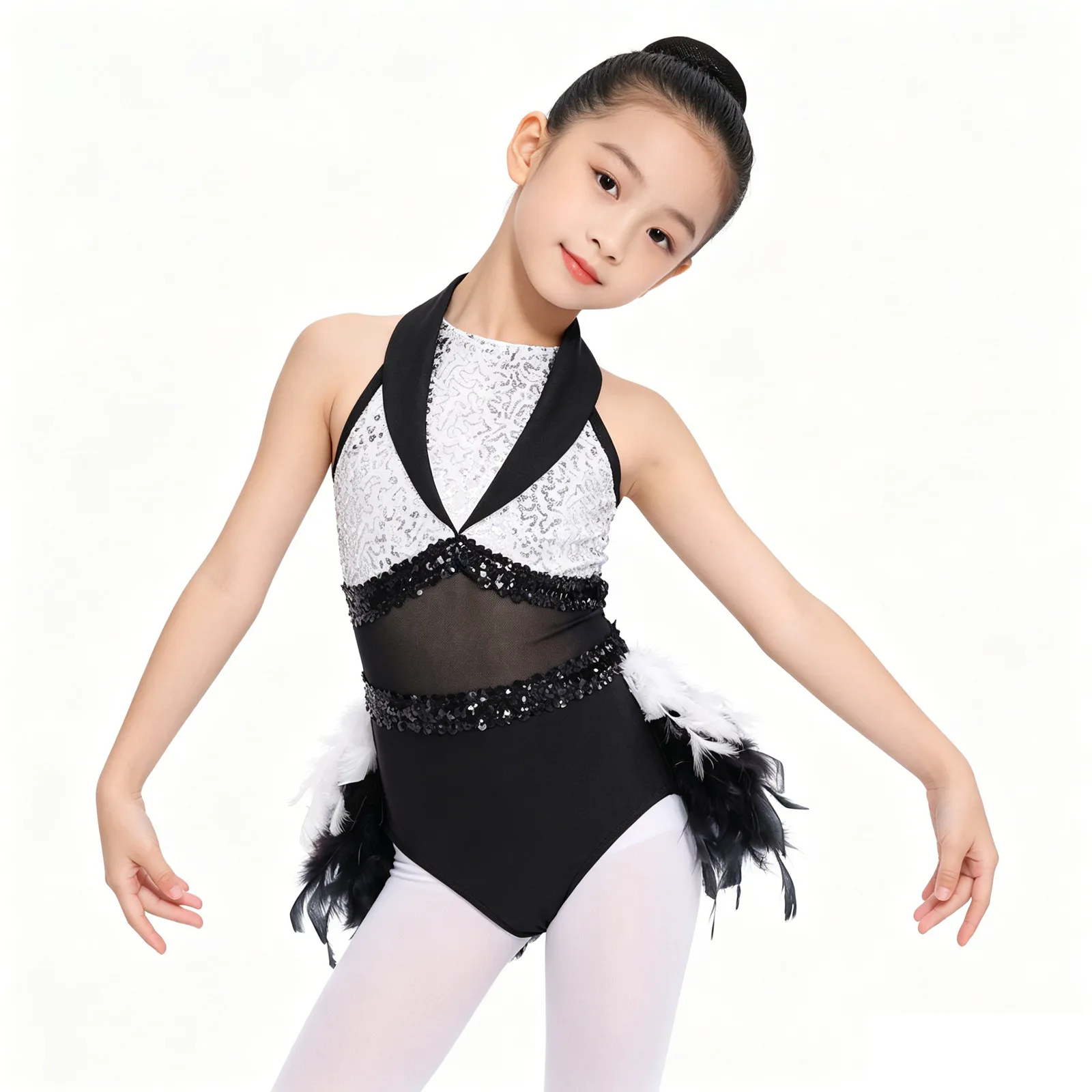 Teen Girls Sleeveless Sequin Sheer Mesh Feather Latin Jazz Dance Cha-cha Leotard Dress Ballet Tutu Samba Rumba Tango Dancewear