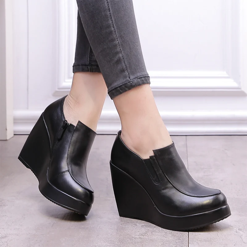 GKTINOO 2024 Wedges Women Shoe Spring Autumn Slip-On High Heels Round Toe Genuine Leather Casual Ladies Platform Shoes Woman