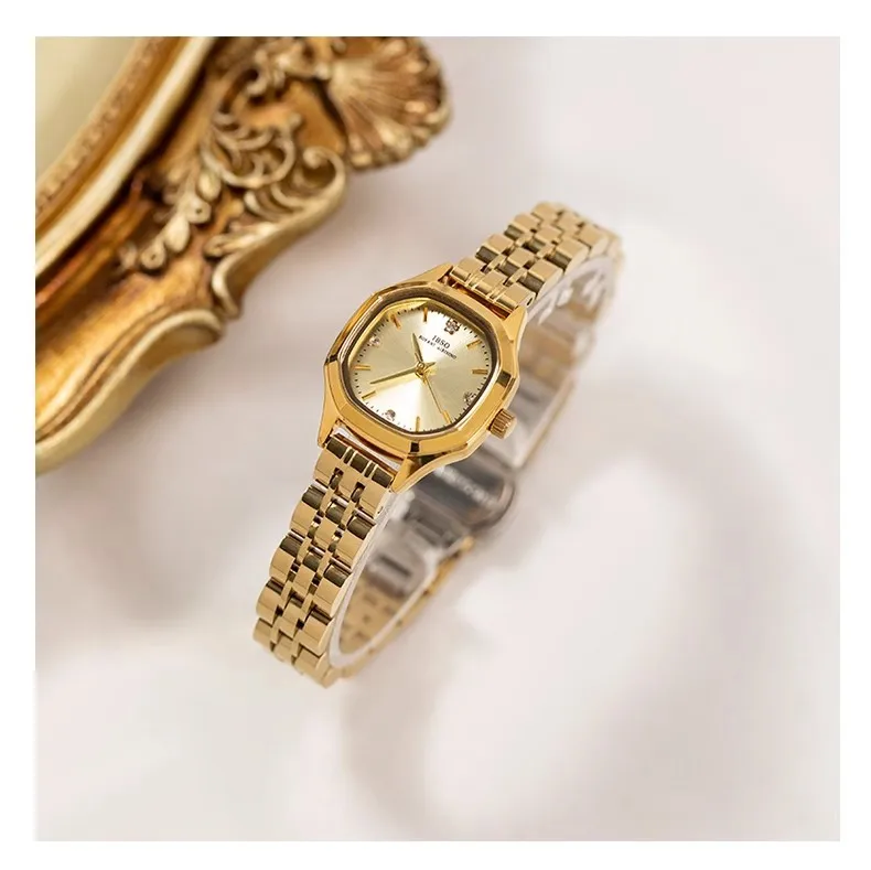 Elegant women's wristwatch, small dial, steel strap, gold-plated, polygonal dial, small gold watch, a good gift for women.