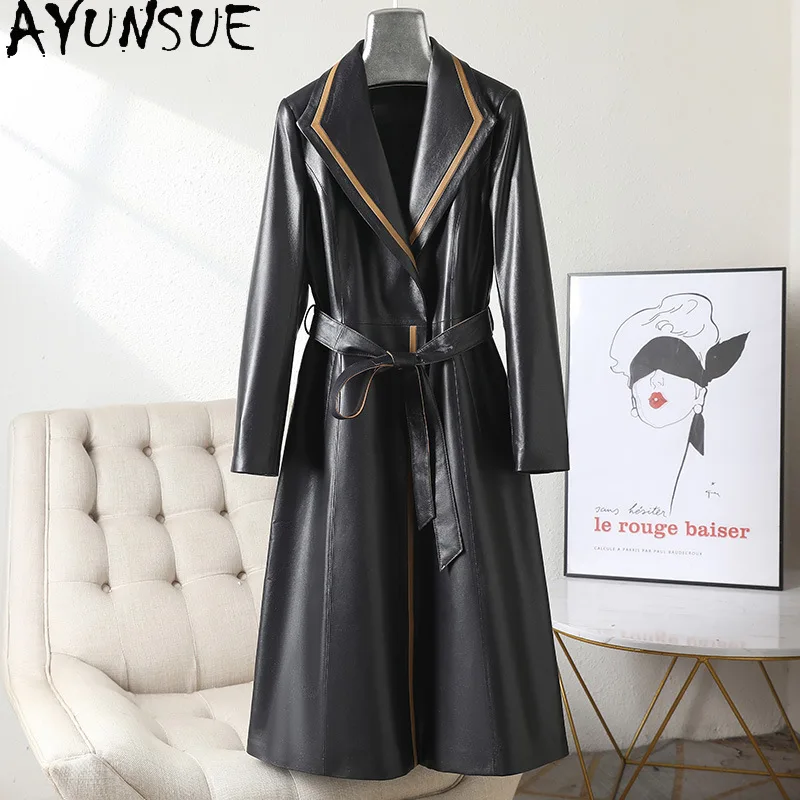 AYUNSUE Giacca in vera pelle Donna Strato superiore Pelle di pecora Cappotti da donna Lace-up Autunno Abbigliamento donna Trench lungo Jaqueta Couro