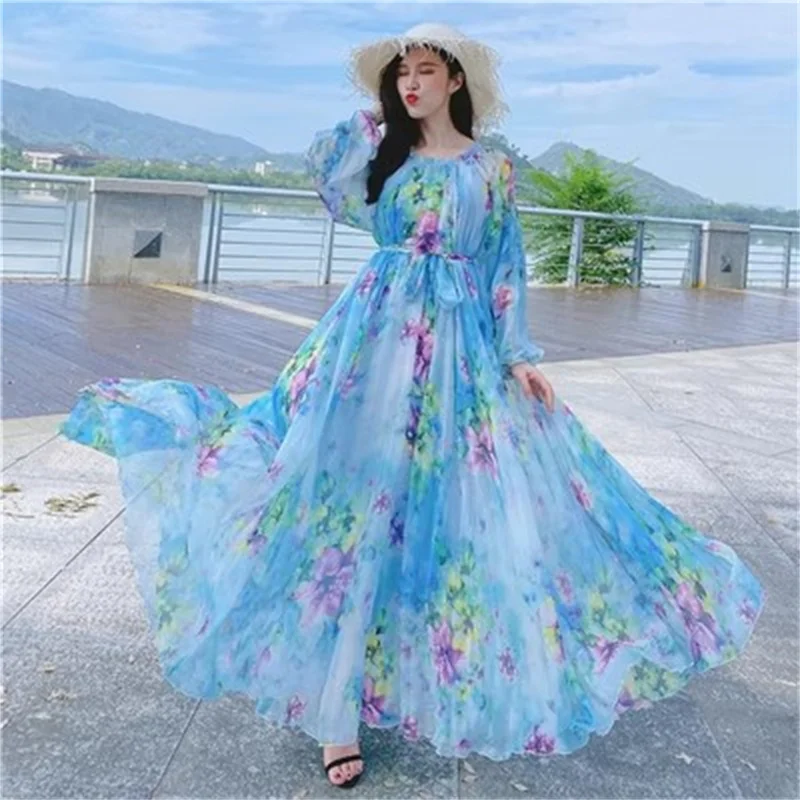 To The Ankle Chiffon Long-sleeved Dress Women Spring and Summer 2023 New Loose Super Fairy Printed Long Skirt Big Beach Skirt