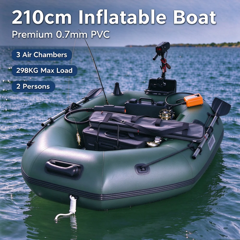 PVC Inflatable Boat 210cm Thickened 0.7mm PVC Inflatable Dinghy 2 Person Portable Foldable Fishing Rowing Boat for Fishing