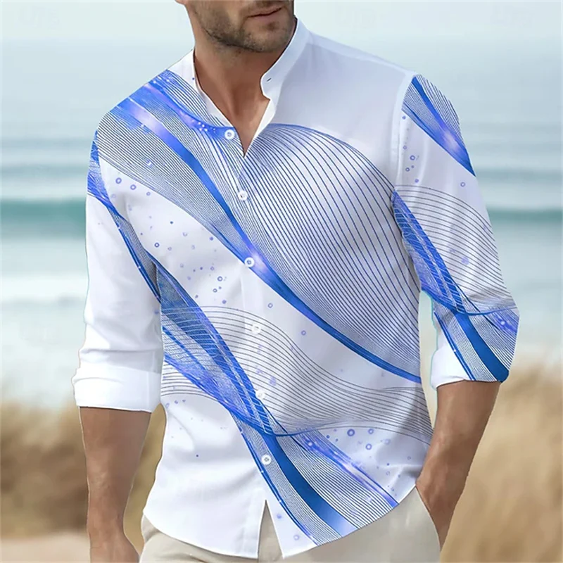 Men's gradient wave shirt, stand collar, long sleeves, fashionable, casual, everyday button shirt, red, yellow, and blue.