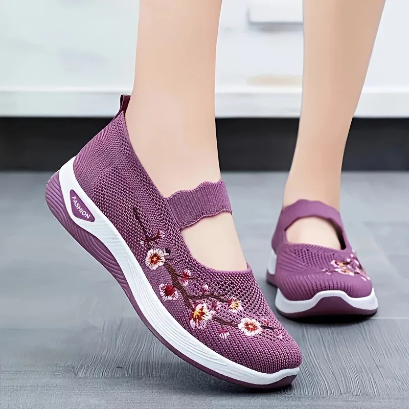 Pflaumenfarbene Mary-Jane-Slipper mit Blumenstickerei, Keilabsatz, atmungsaktiv, rutschfest, weiche EVA-Einlegesohle, niedriger Absatz, für den Alltag – Detail 6