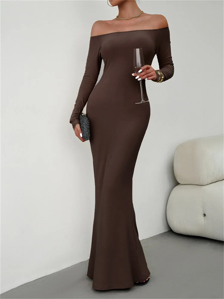 Fantoye Solid Slash Neck Long Sleeve Pullover Women Dress Sexy High Waist Long Female Dress Casual Bodycon New 2023