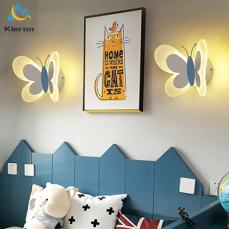 Nordic Modern Cartoon Butterfly LED Wall Lamp Kids Child Baby Bedroom Study Bedside Wall Light Living Room Decoration Wall Lamps