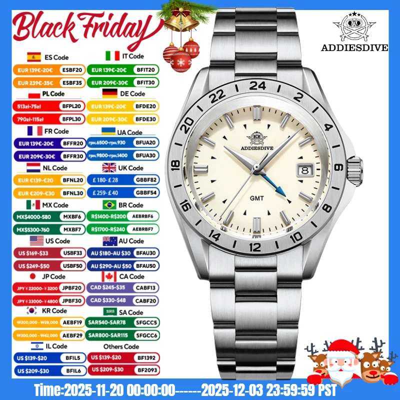ADDIESDIVE 新しい AD2063 38 ミリメートル GMT メンズ腕時計サファイアガラスカレンダー 316L ステンレス鋼の高級防水時計リロイ Hombre
