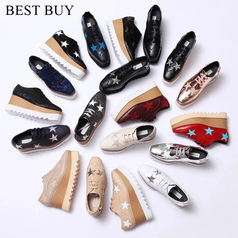 

Leather woman Loafer Stars Women Square Toe Lace-up Thick Bottom high Platform Wedge Shoes Height increasing shoes women 35-41